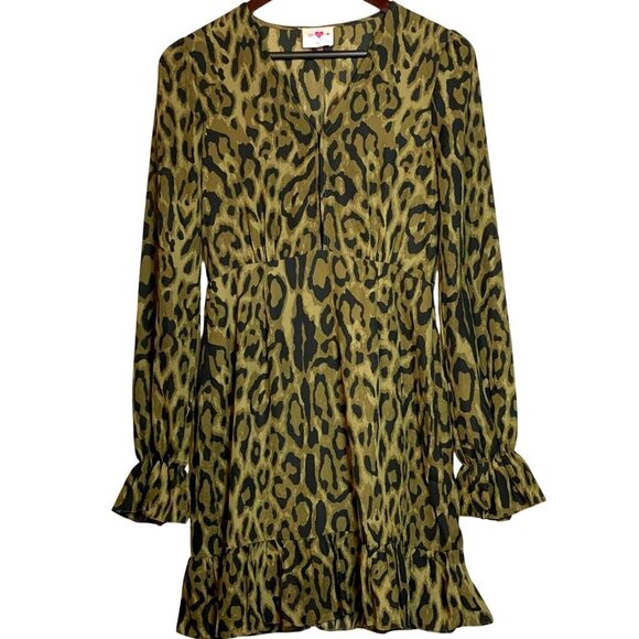 Buddy Love Olive Green Leopard Print Long Sleeve Ruffle Hem Dress Size S V-Neck - Picture 2 of 6